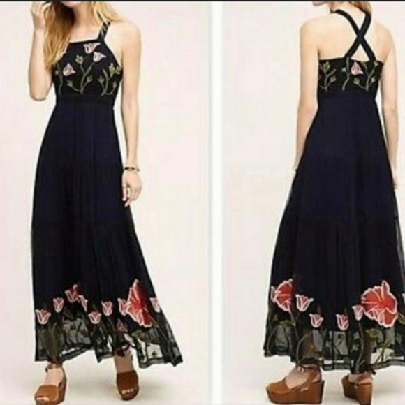 Anthropologie Floreat floral Navy
Blue Embroidered Maxi Dress boho formal fall - Picture 4 of 14